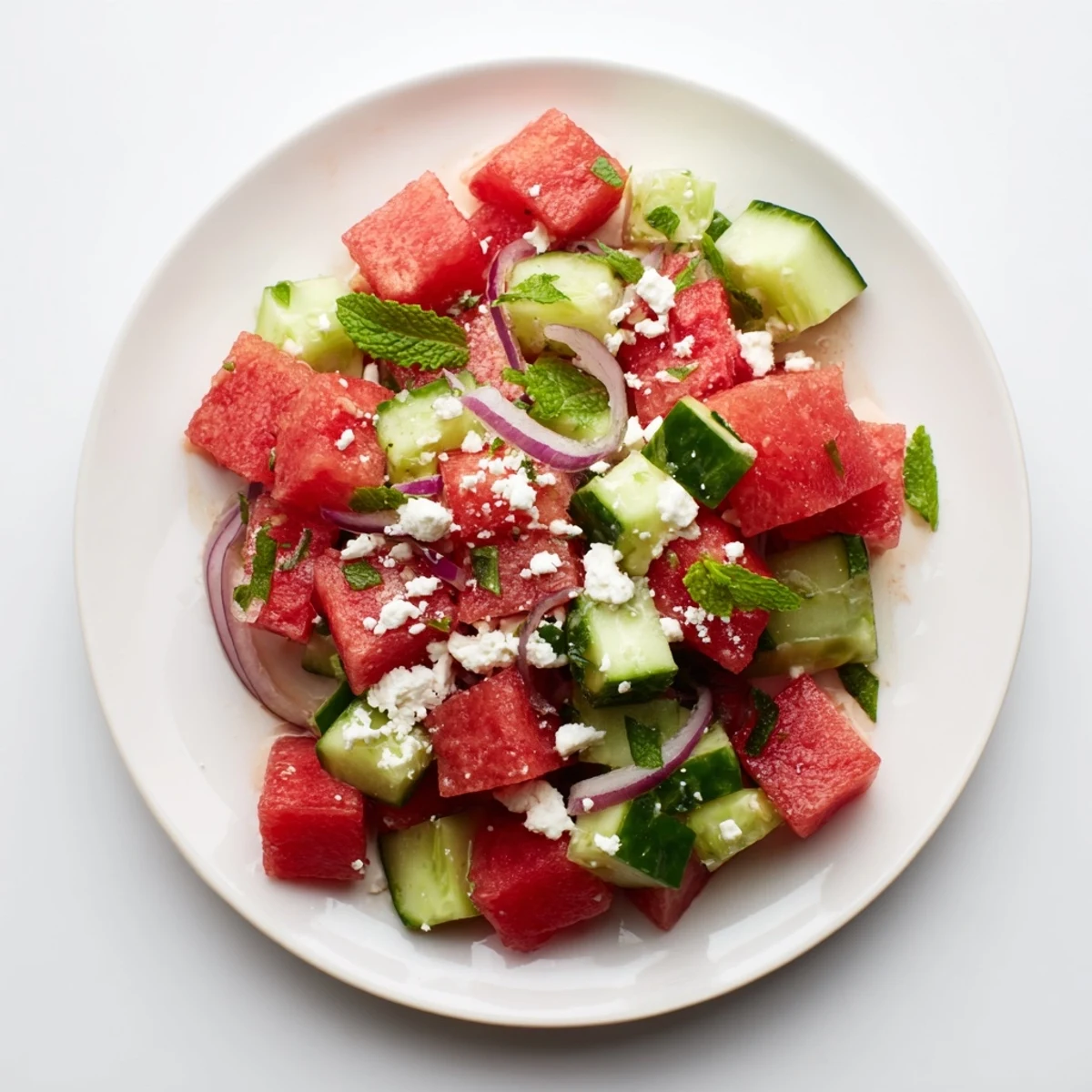 Crisp watermelon and cucumber salad topped with feta and fresh mint leaves  