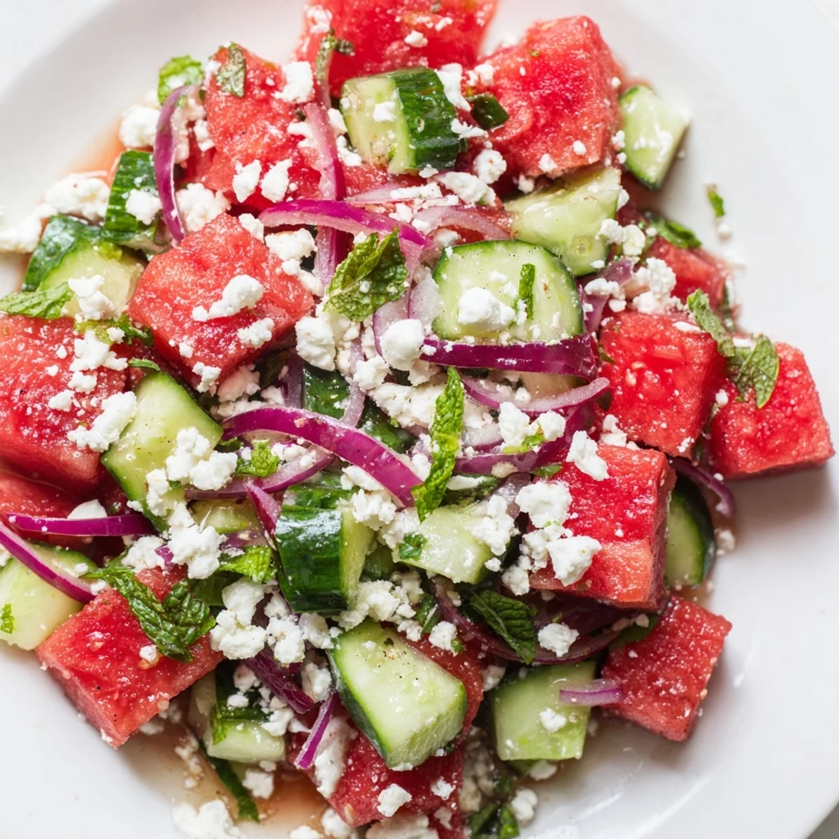 Juicy watermelon cucumber salad in a bowl with tangy lime dressing drizzled