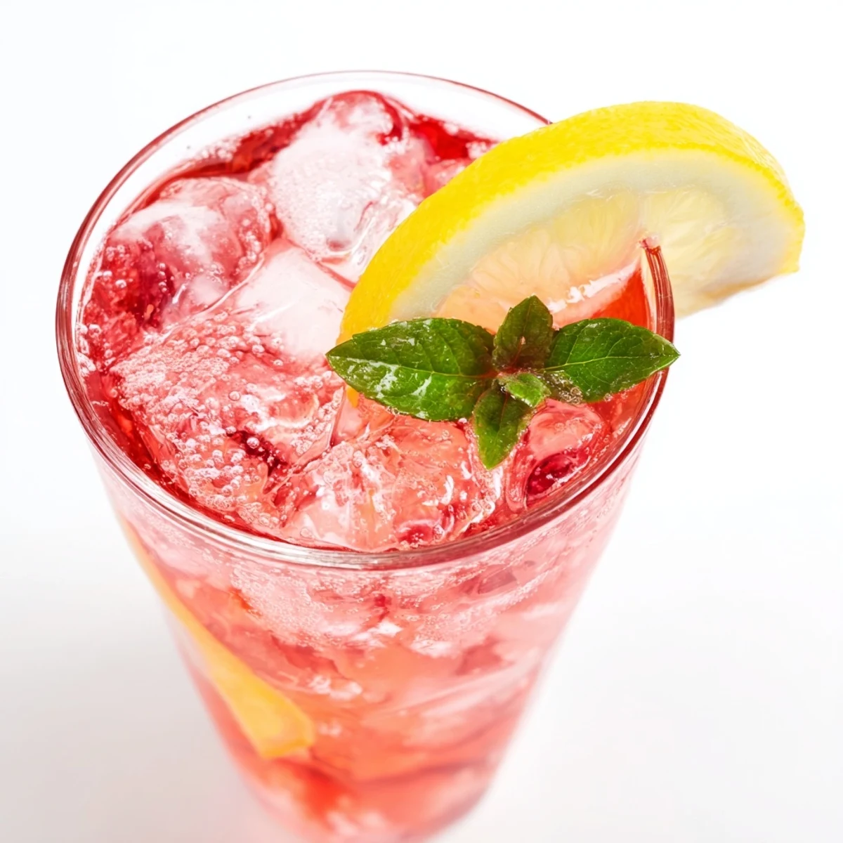 Refreshing honey lemon pink soda served over ice with fresh mint garnish  