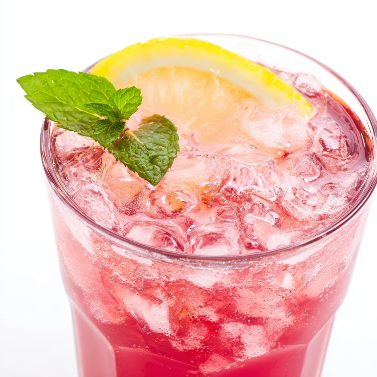 Chilled honey lemon pink soda in a glass topped with lemon wheels