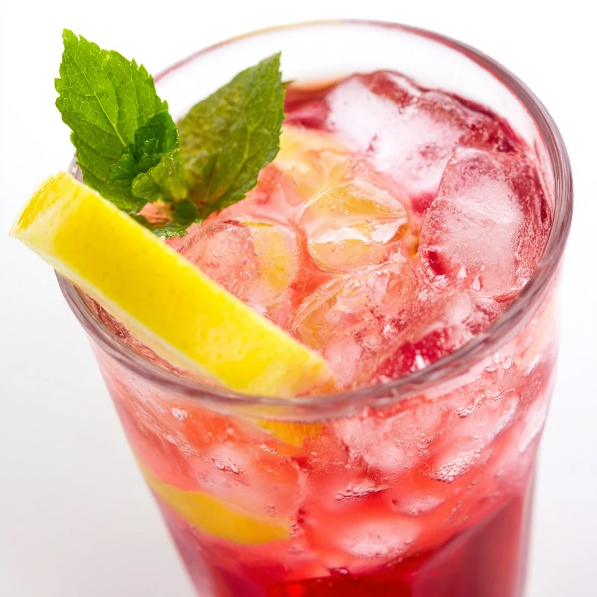 Effervescent pink soda with honey and lemon garnished with citrus slices  