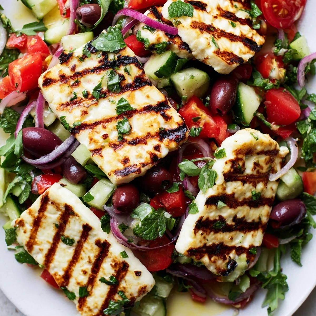 Golden grilled halloumi atop a vibrant Mediterranean salad with fresh herbs.  
