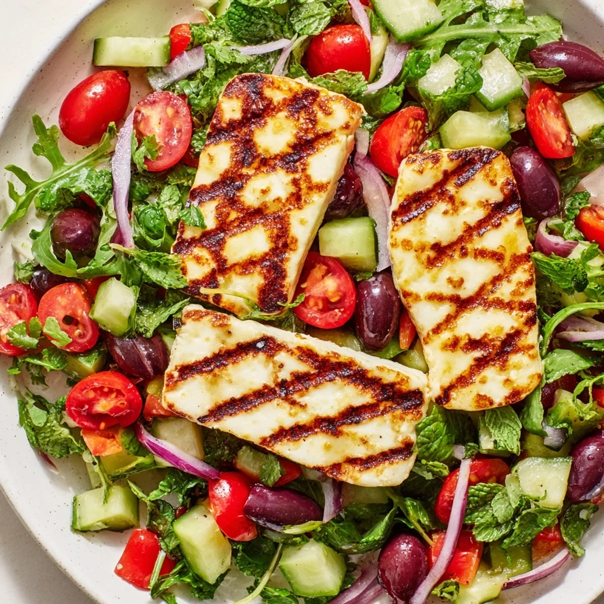 Savory grilled halloumi served with crisp Mediterranean vegetables and zesty dressing.  