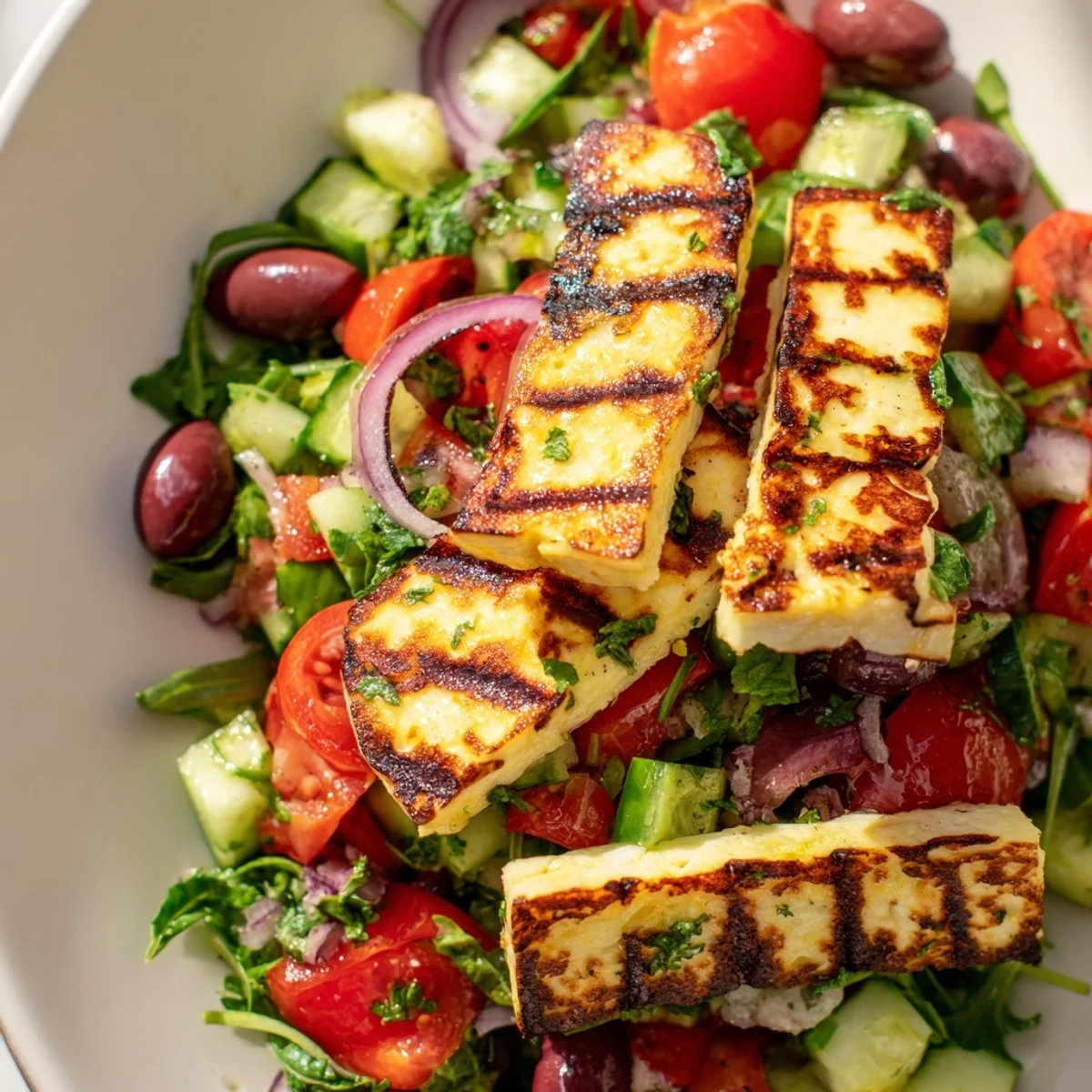 Warm golden halloumi slices paired with a refreshing Mediterranean salad medley.