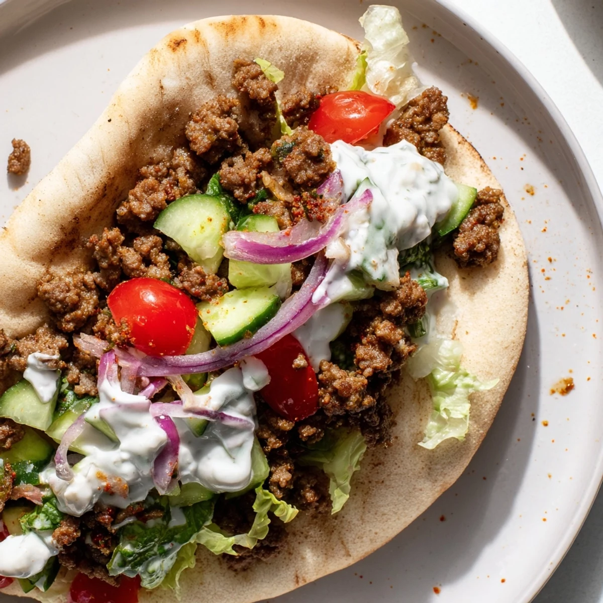 Golden brown spiced beef stuffed into warm Mediterranean ground beef pita pockets with crisp veggies.