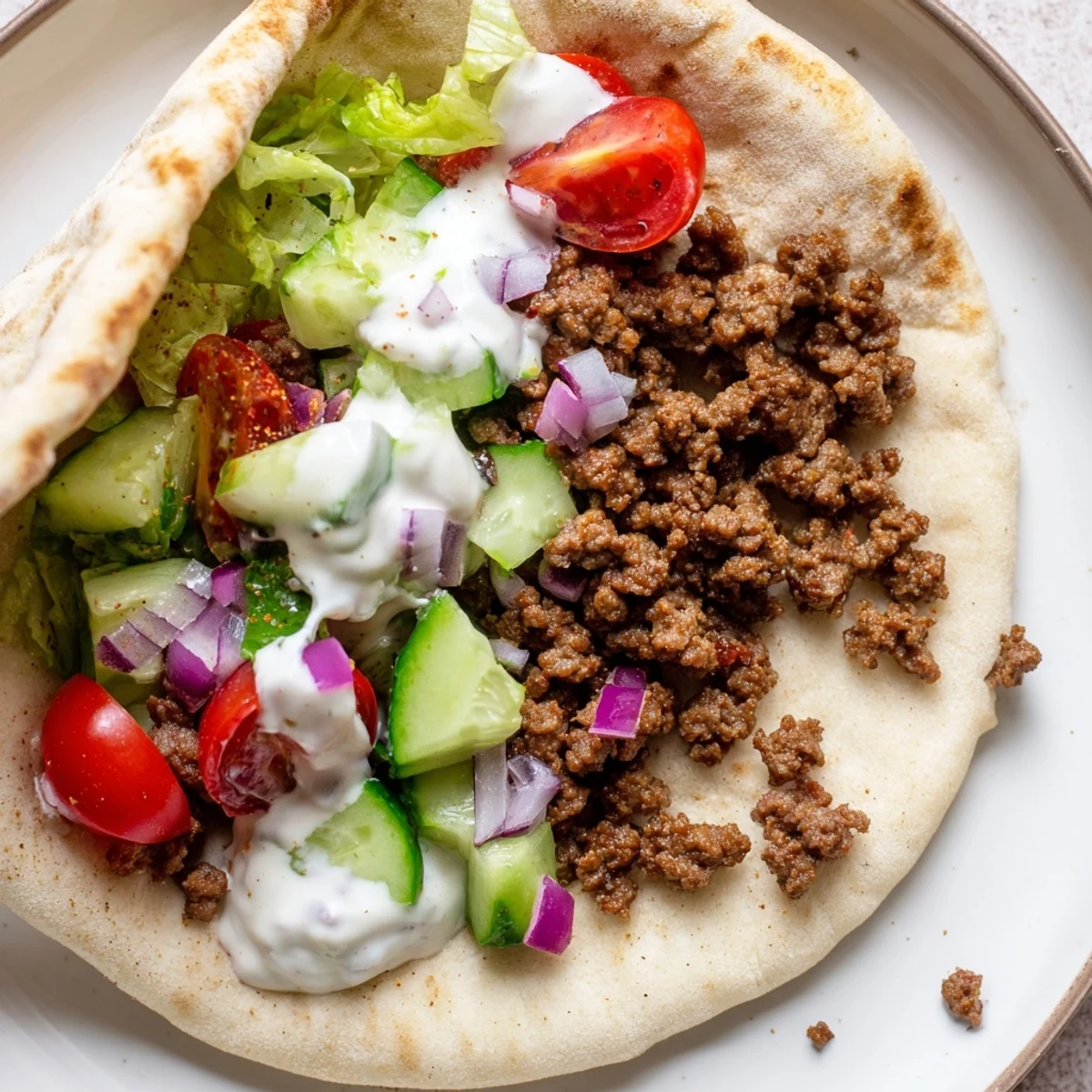 A close-up of Mediterranean ground beef pita pockets topped with tangy yogurt sauce and fresh herbs.
