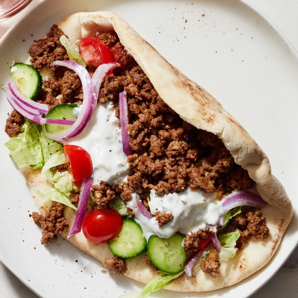 Soft pita bread filled with juicy seasoned Mediterranean ground beef pita pockets and colorful diced vegetables.