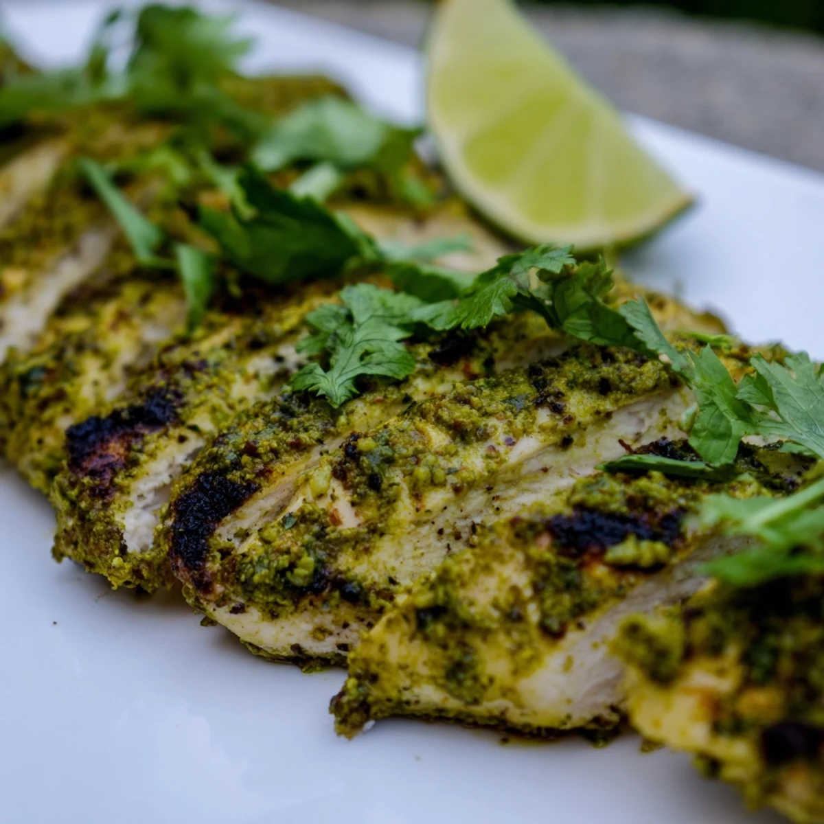 Golden grilled Cilantro Lime Chicken garnished with fresh herbs and lime wedges.  