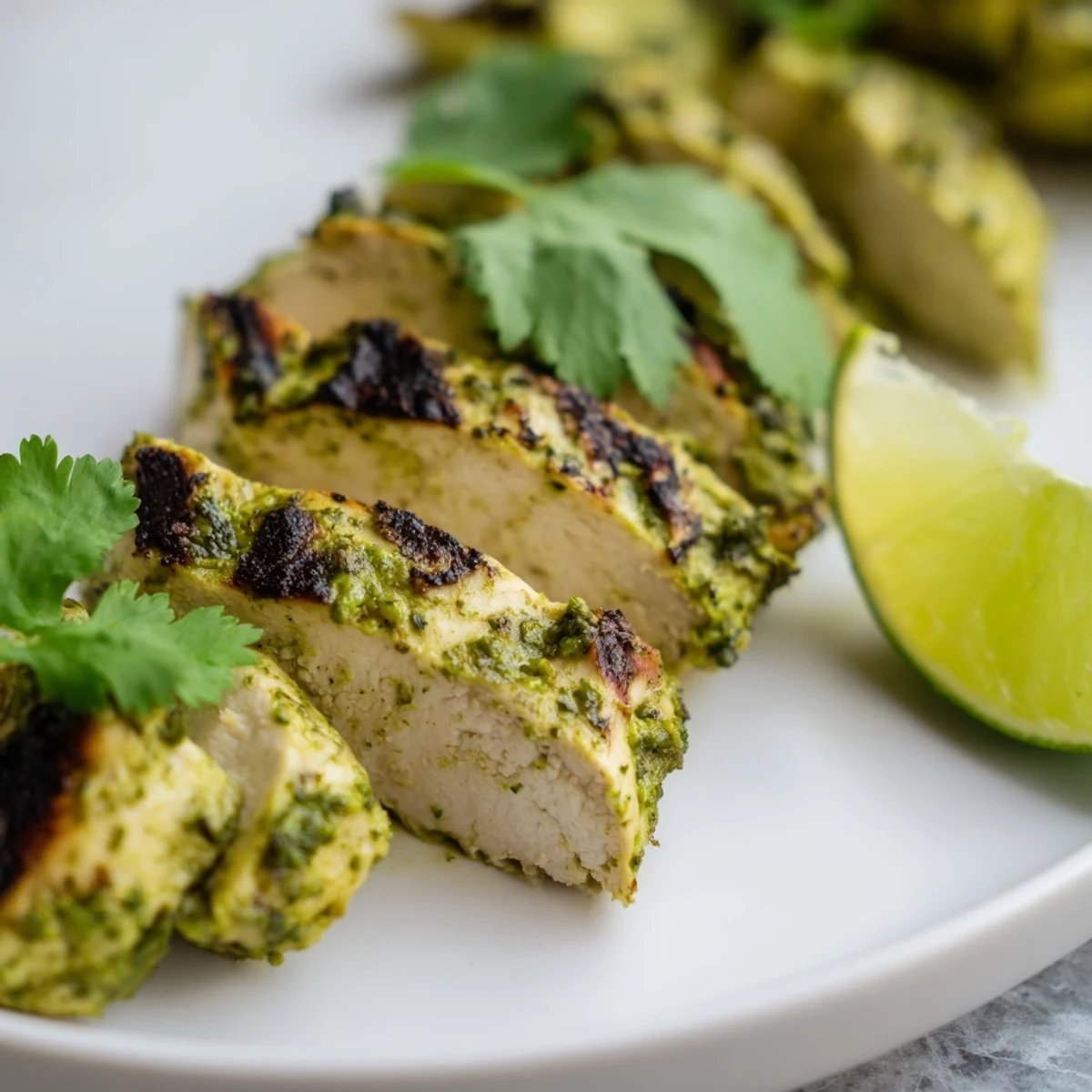 Juicy pan-seared Cilantro Lime Chicken slices served over fluffy rice with cilantro.  