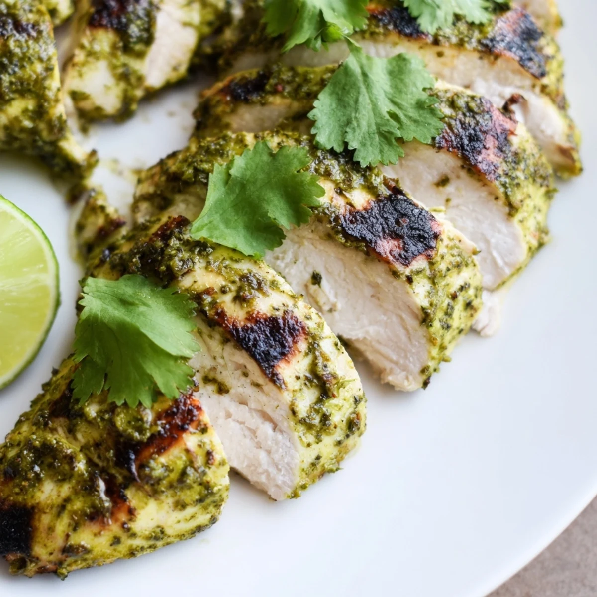 Zesty Cilantro Lime Chicken breasts resting on a plate with vibrant green garnish.