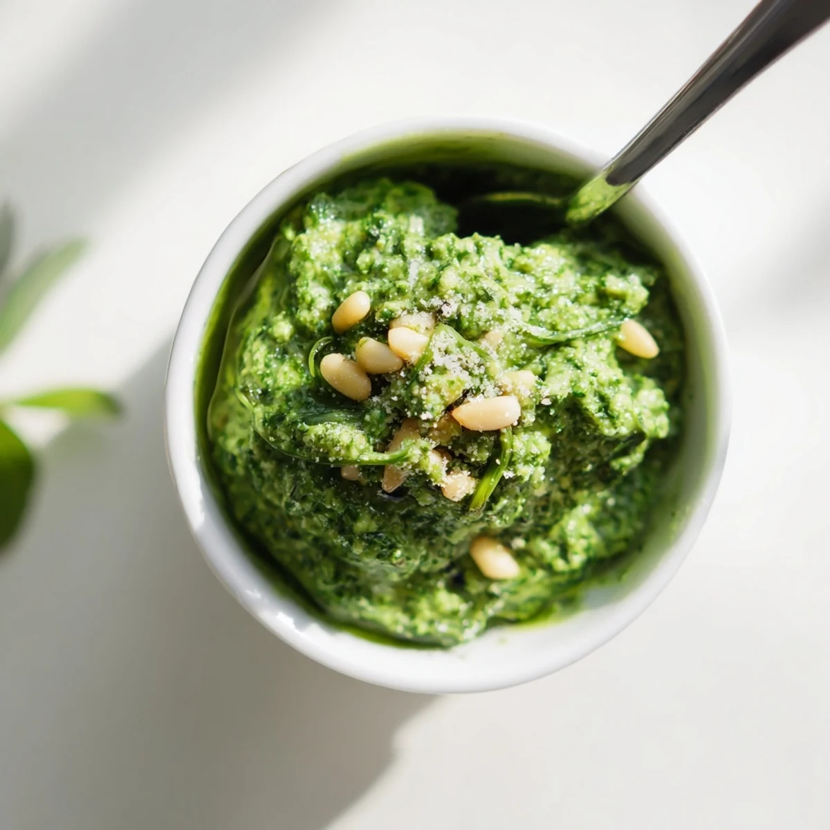 Vibrant garlic scape pesto ready to toss with fresh pasta for dinner.  