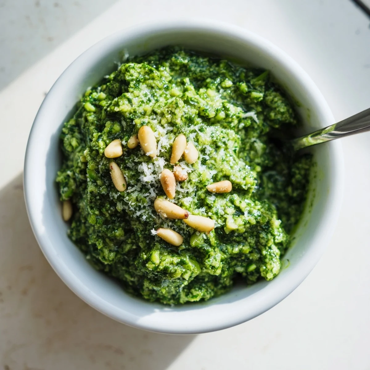 Aromatic garlic scape pesto drizzled over roasted vegetables for a flavorful meal.  
