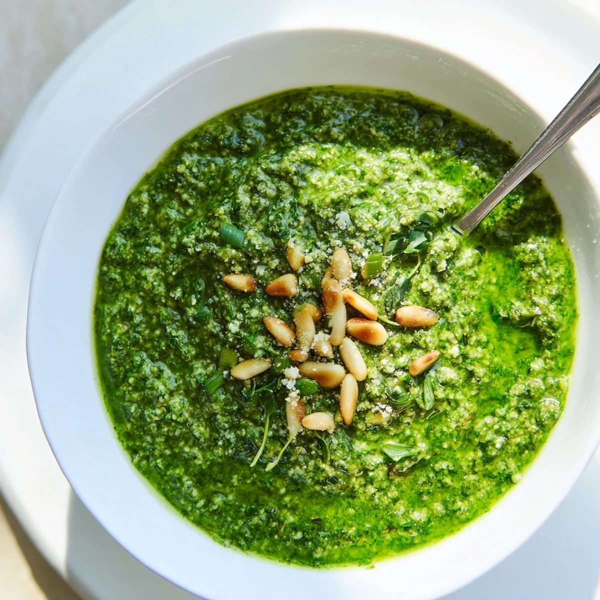 Creamy garlic scape pesto spread on crusty bread, garnished with fresh basil.