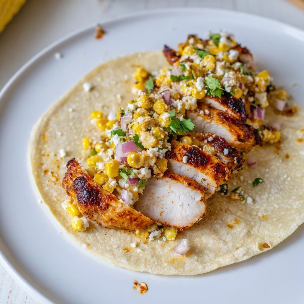 Golden street corn chicken tacos topped with zesty crema and crumbled cotija cheese