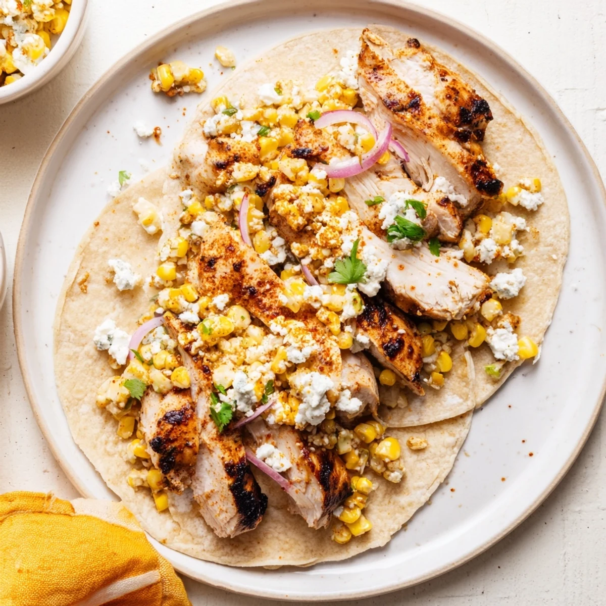 Juicy grilled chicken tacos loaded with creamy street corn and fresh cilantro