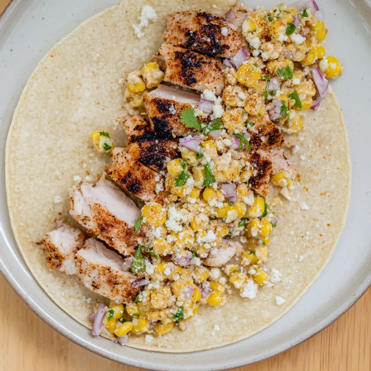 Warm tortillas filled with spiced chicken and savory Mexican street corn topping