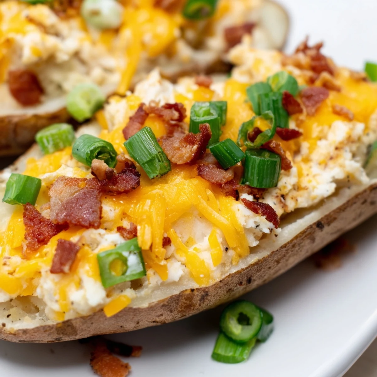 Golden, cheesy Jalapeno Popper Twice Baked Potatoes topped with crispy bacon bits and fresh chives.  