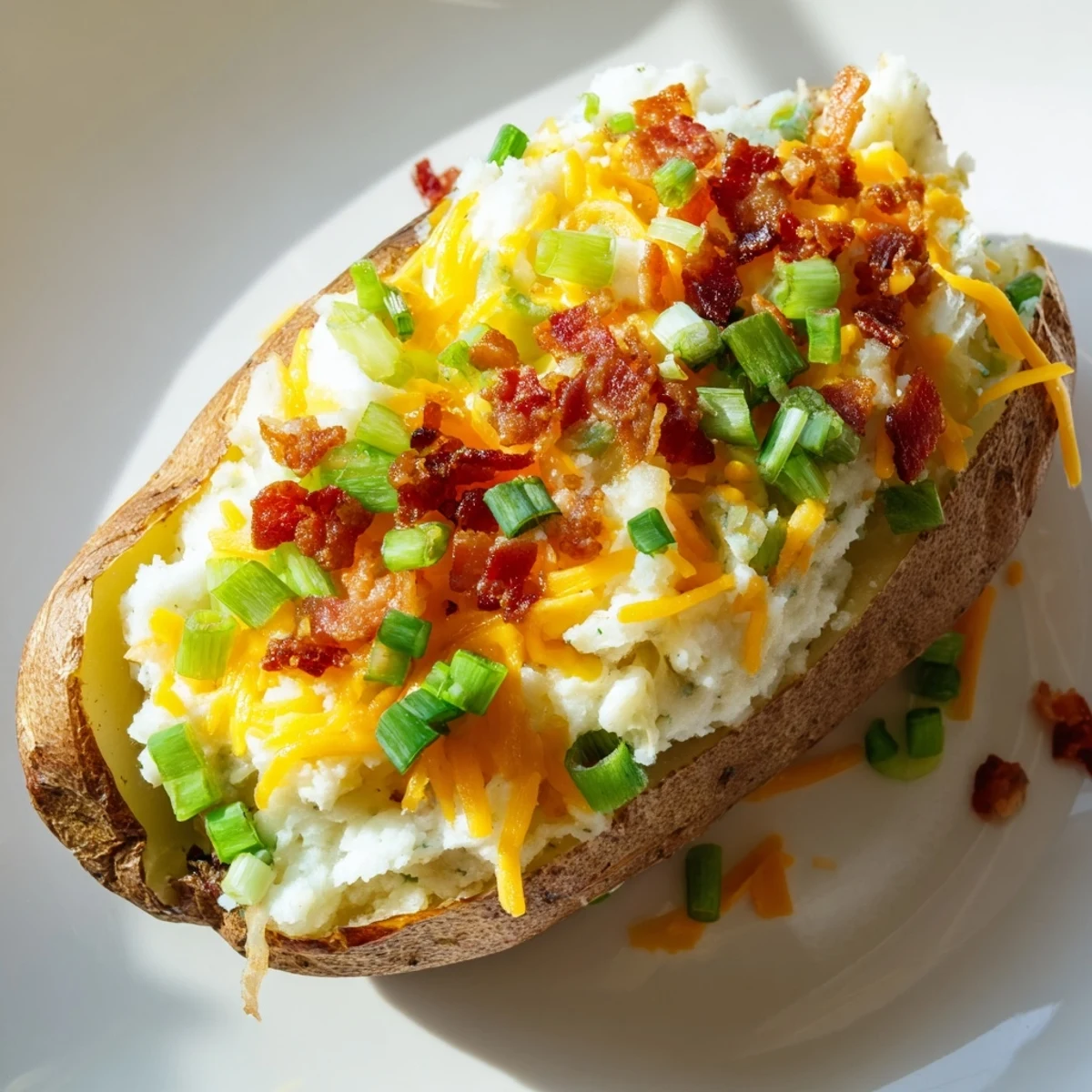 Bubbling Jalapeno Popper Twice Baked Potatoes with a crispy golden crust and savory bacon garnish.