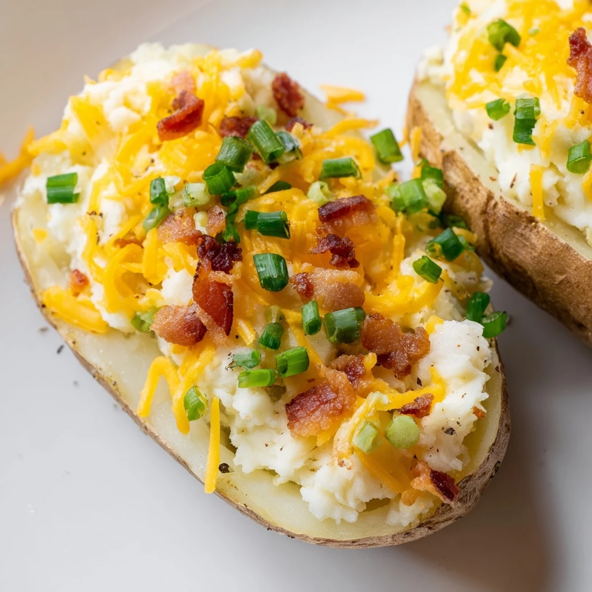 Creamy, spicy Jalapeno Popper Twice Baked Potatoes served hot with melted cheese and diced jalapenos.  
