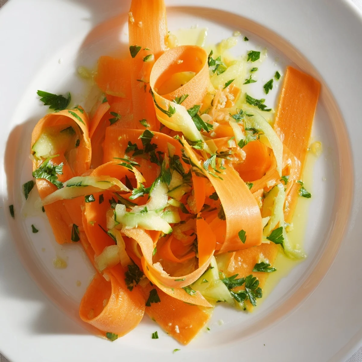 Colorful carrot ribbon salad tossed with zesty citrus dressing and fresh parsley  