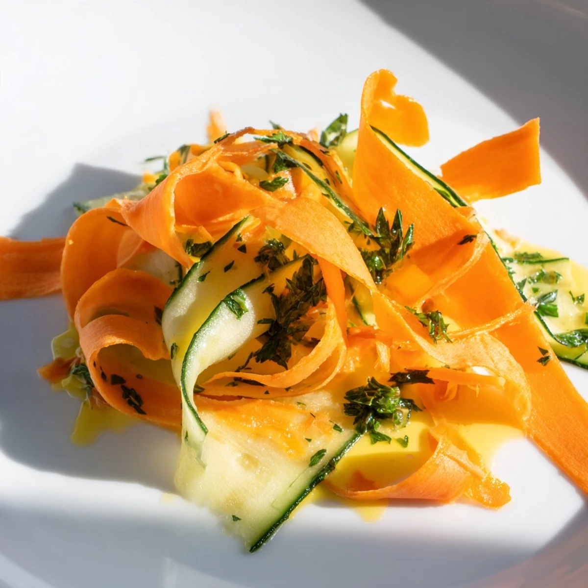Delicate carrot ribbons in a light citrus dressing garnished with toasted sunflower seeds  