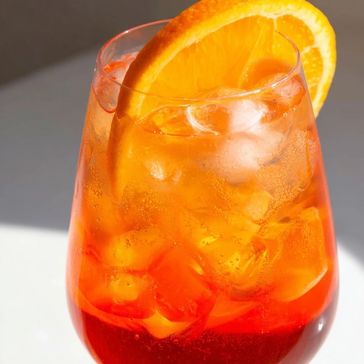 Orange-garnished Spritz cocktail bubbling with Prosecco in a chilled wine glass  