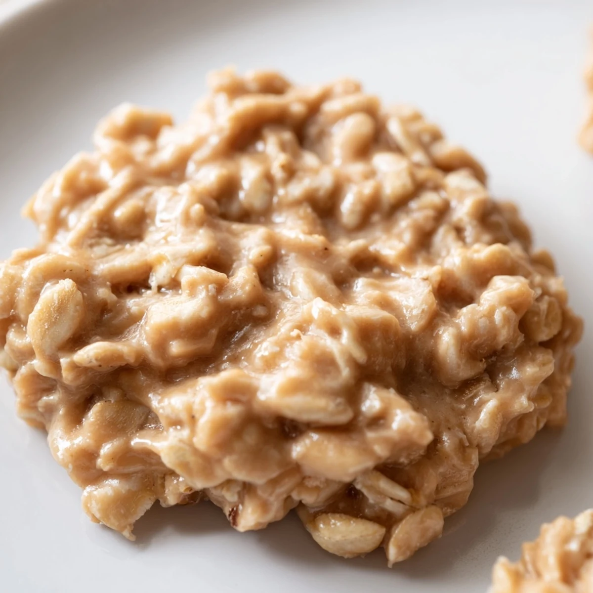 Golden peanut butter no bake cookies ready to serve on a white plate.