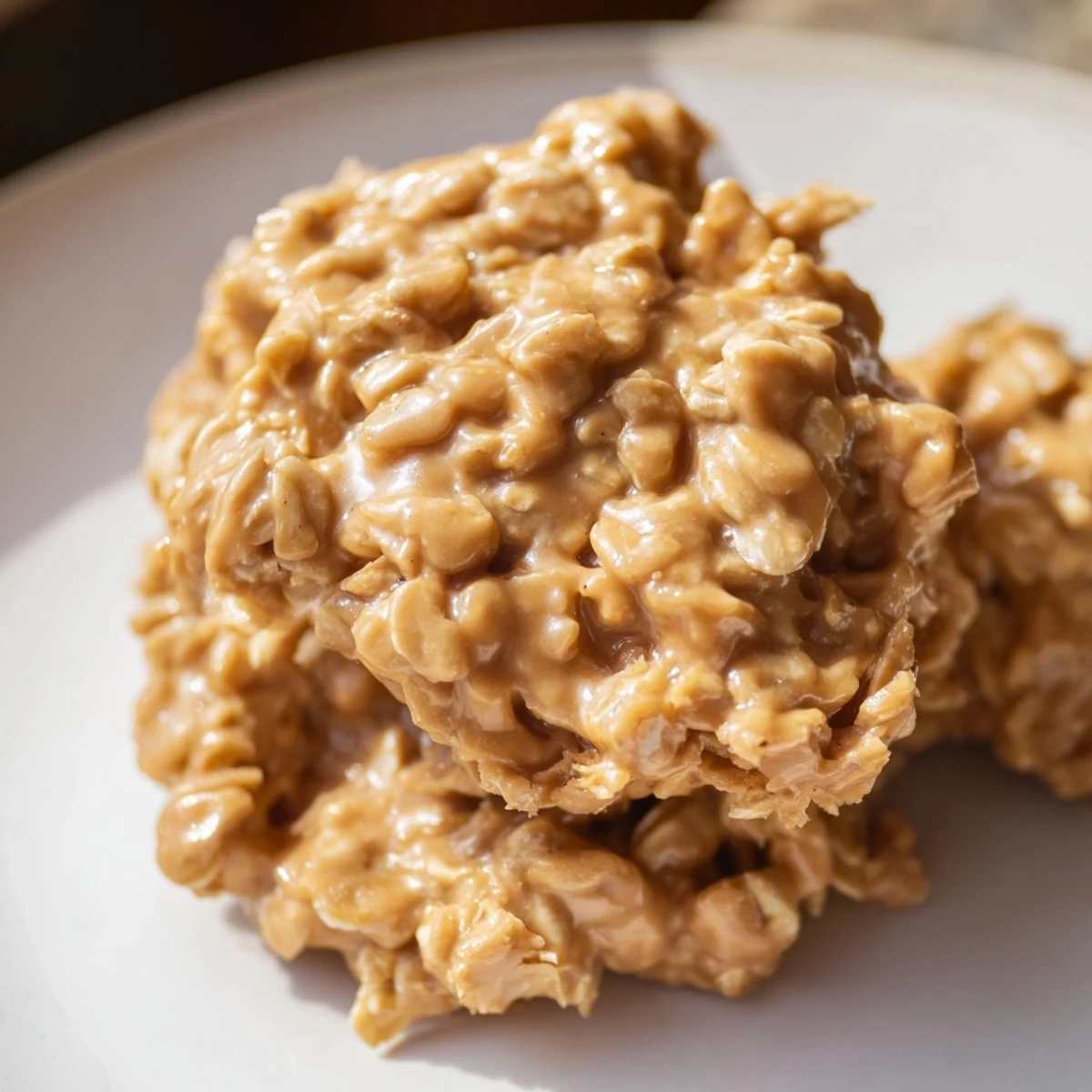 Creamy peanut butter no bake cookies topped with oats and chocolate chips.  