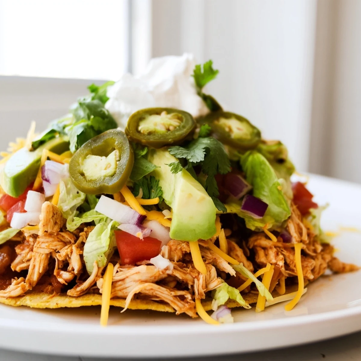 Crispy corn tortillas piled high with spiced shredded chicken and vibrant toppings  