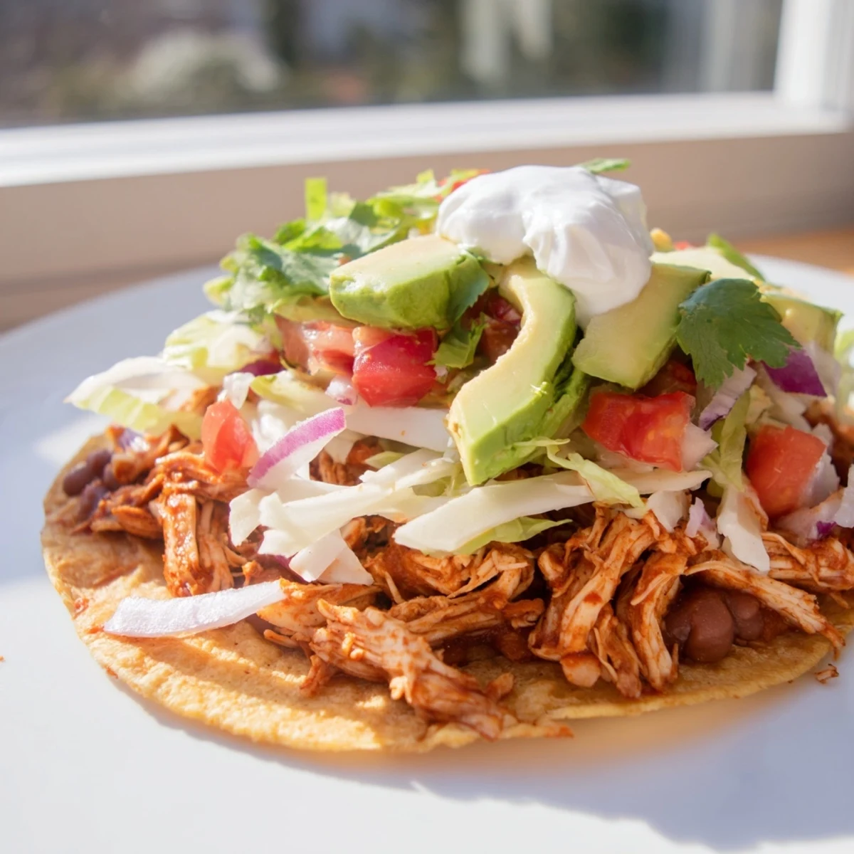 Golden crispy chicken tostadas loaded with fresh veggies and creamy toppings.  
