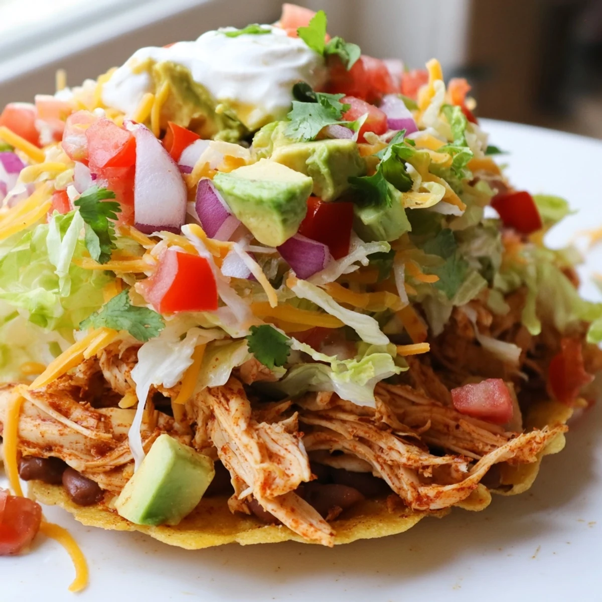 Mexican-inspired chicken tostadas piled high with lettuce, tomatoes, and sour cream.