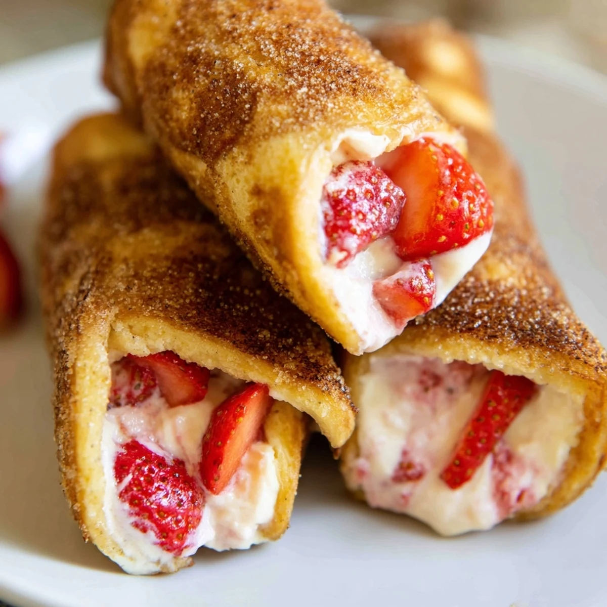 Golden brown strawberry cream cheese roll ups sprinkled with cinnamon sugar on a plate  