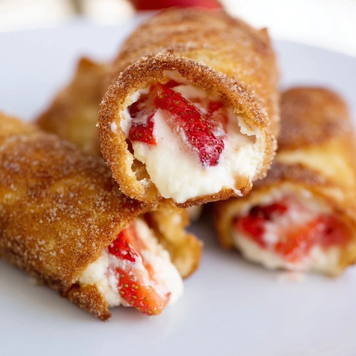 Close up of warm strawberry cream cheese roll ups with juicy red fruit filling  
