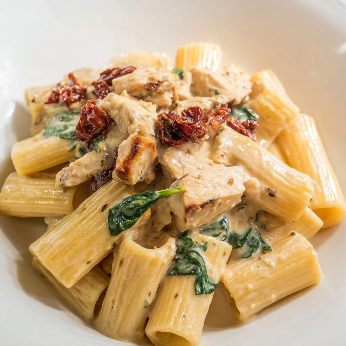 Golden one pan Tuscan chicken pasta with sun-dried tomatoes and spinach in creamy sauce  