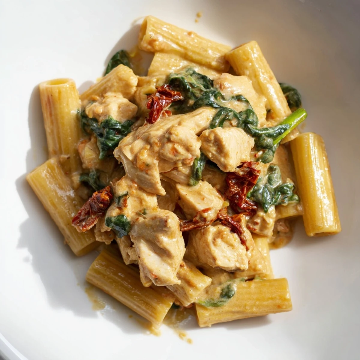 Hearty Tuscan chicken pasta simmered in a rich garlic parmesan sauce with tender penne  