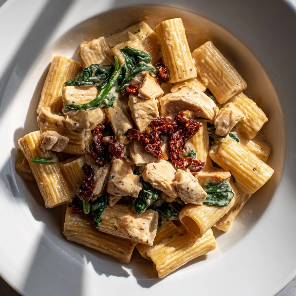 Weeknight dinner ready creamy Tuscan chicken pasta featuring juicy chicken strips and wilted spinach
