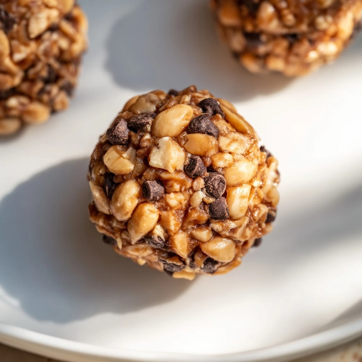 Decadent Snickers energy balls rolled with crunchy peanuts and dark chocolate chips.