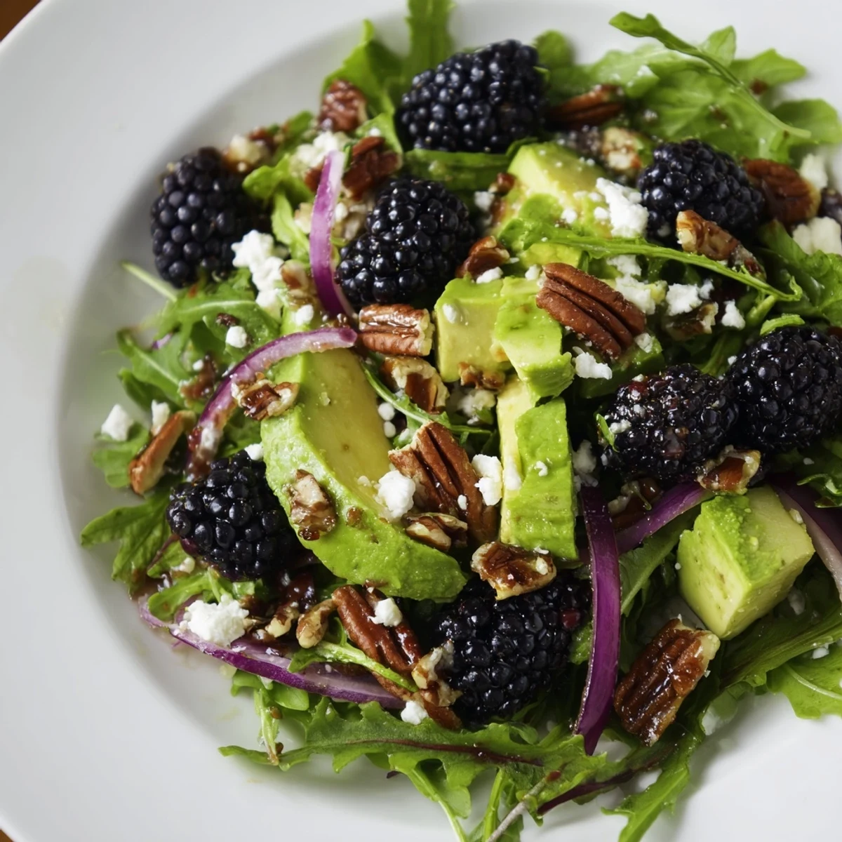 Creamy avocado and sweet blackberries tossed with arugula in this refreshing salad.  