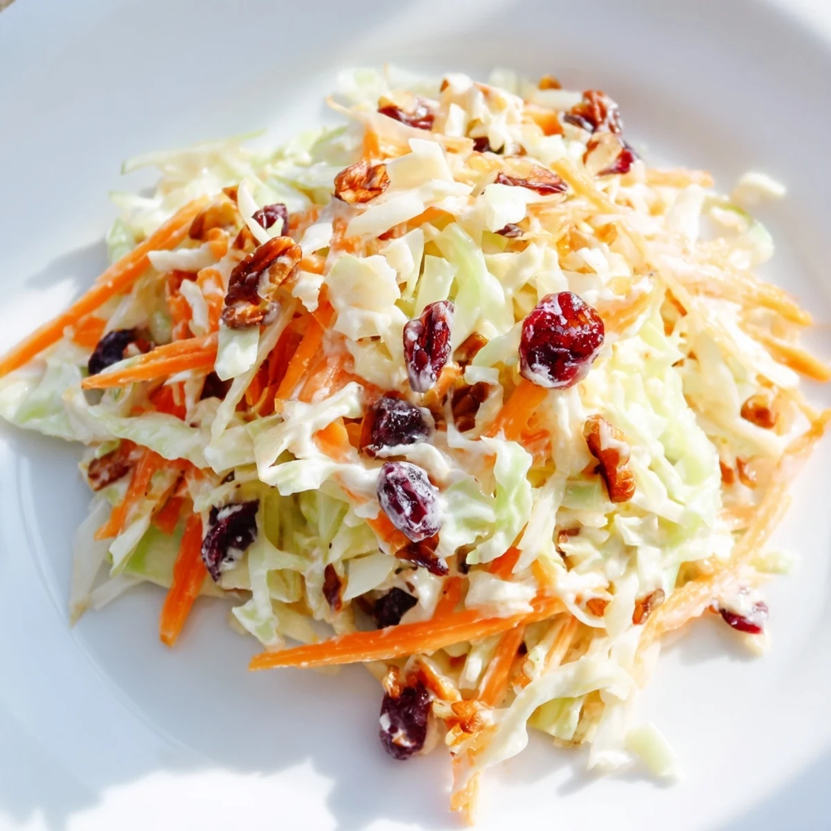 Colorful cranberry apple coleslaw with tart cranberries and sweet crunchy apples in a bowl.