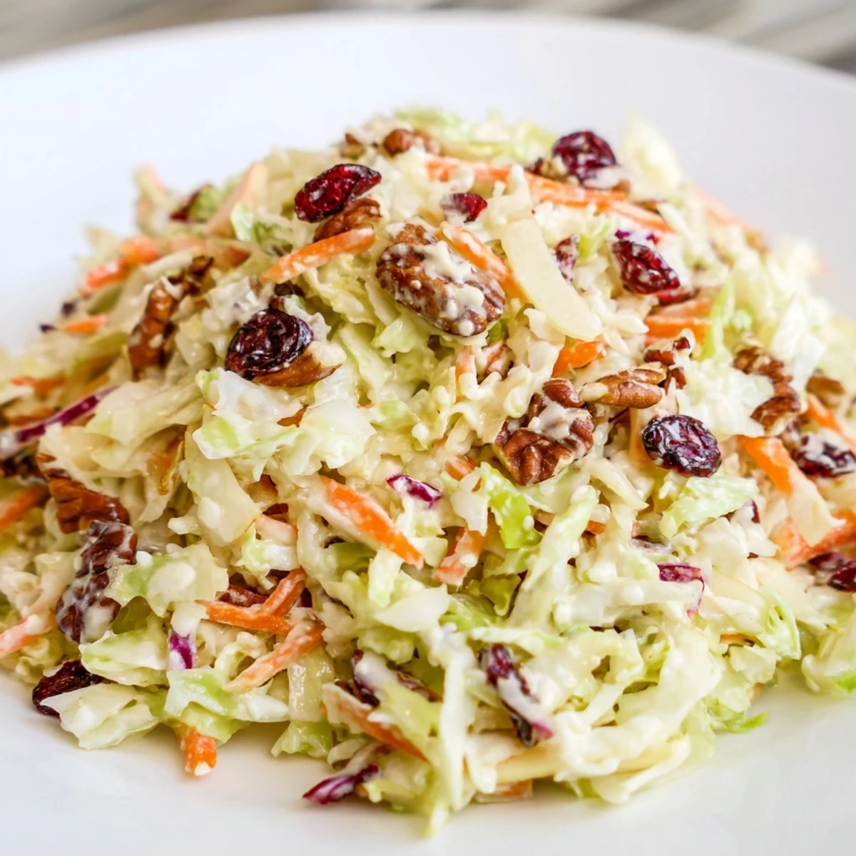 Crisp coleslaw featuring fresh shredded cabbage, apples, and dried cranberries tossed in creamy dressing.