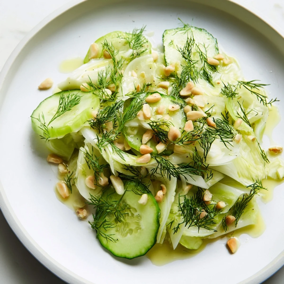 Vibrant bowl of crisp fennel cucumber salad topped with lemon zest and pine nuts  