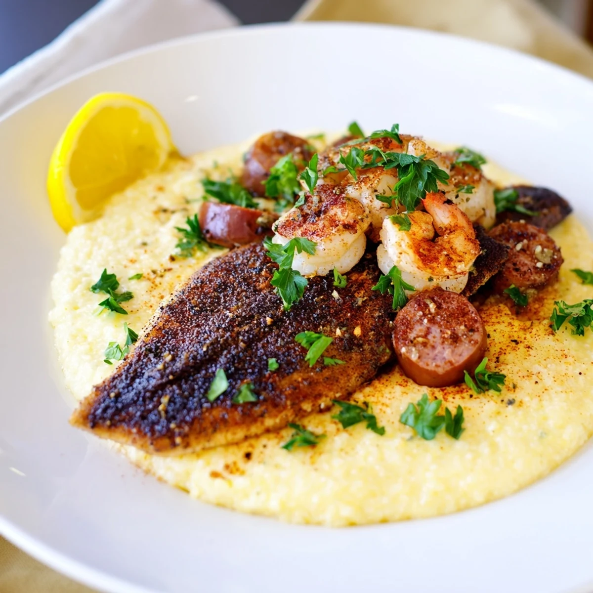 Blackened Cajun catfish shrimp sausage grits served with creamy cheese grits and fresh parsley  