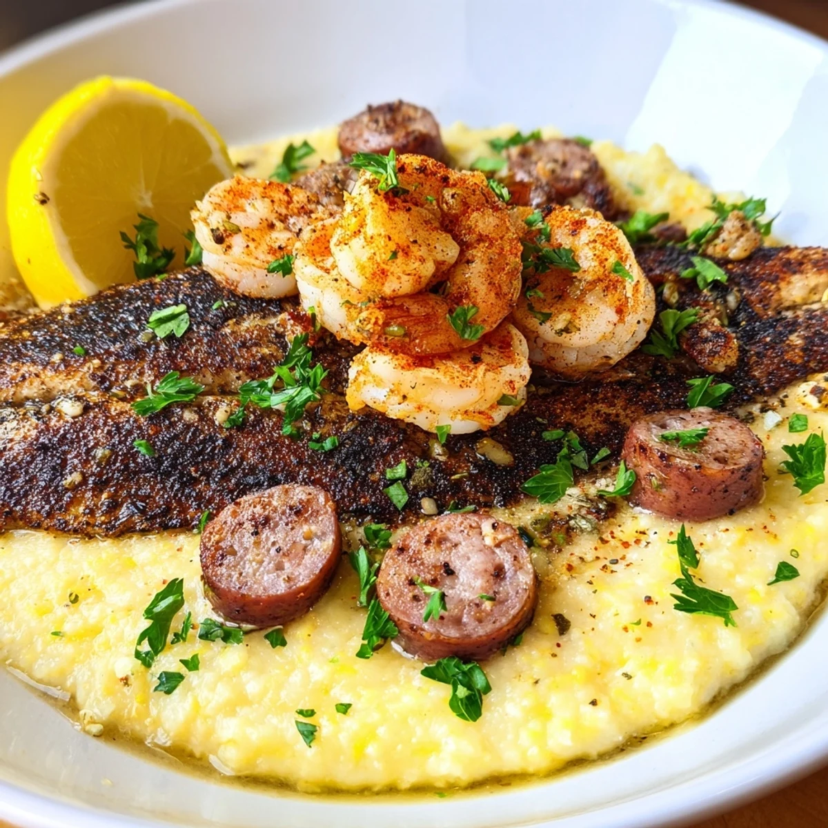 Hearty bowl of Blackened Cajun catfish shrimp sausage grits topped with spicy seafood and andouille  
