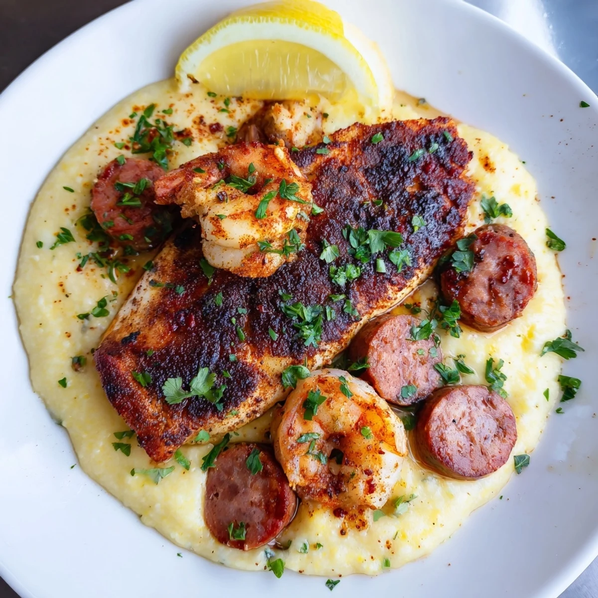 Southern-style Blackened Cajun catfish shrimp sausage grits plated with lemon wedges and golden brown crust