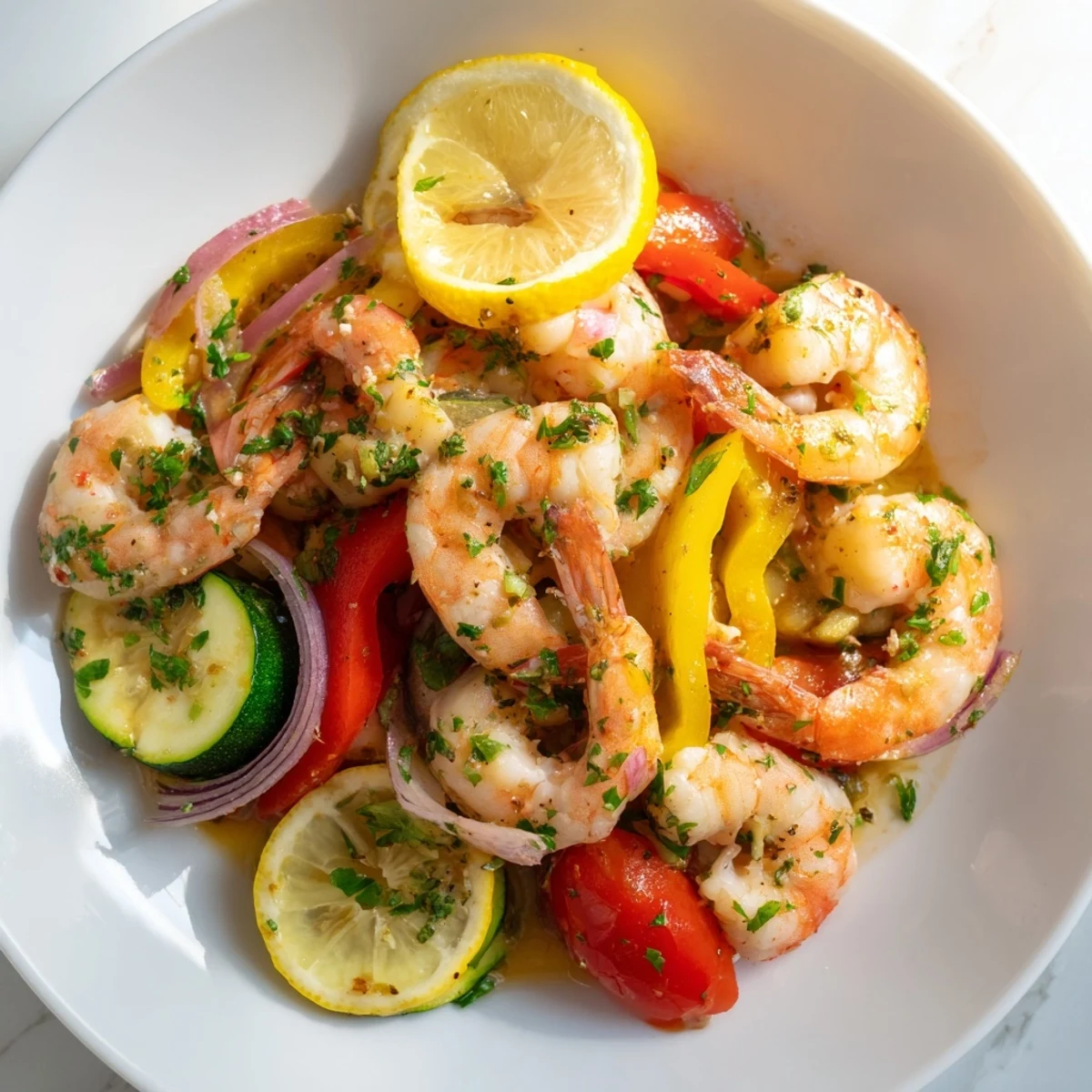 Golden Sheet Pan Garlic Butter Shrimp roasted with colorful vegetables and fresh parsley.  