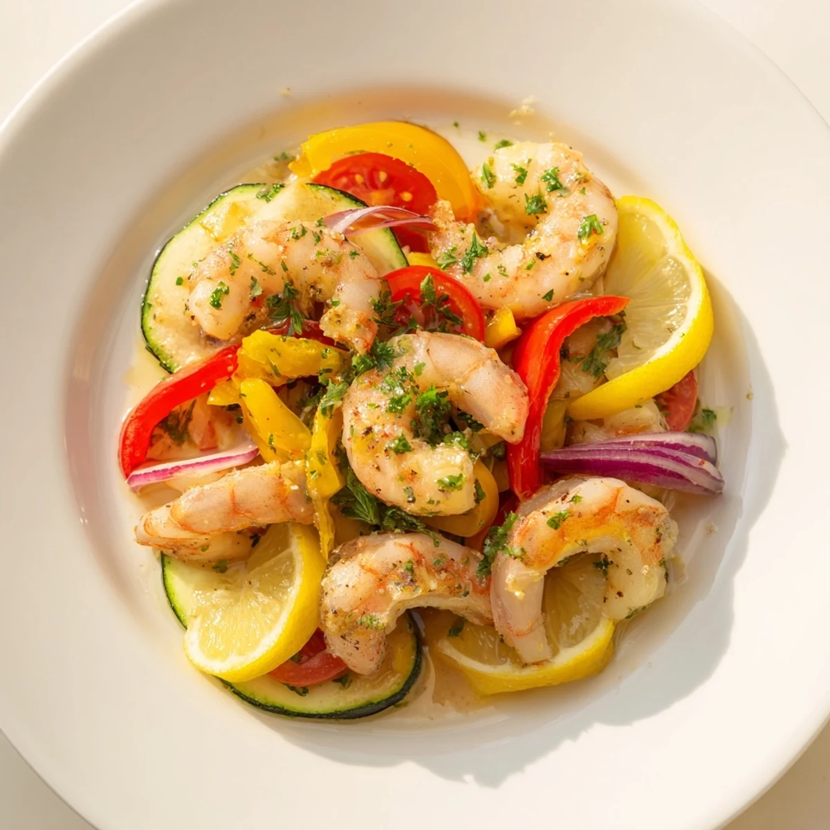 Juicy shrimp in rich garlic butter sauce served with zucchini and peppers.  