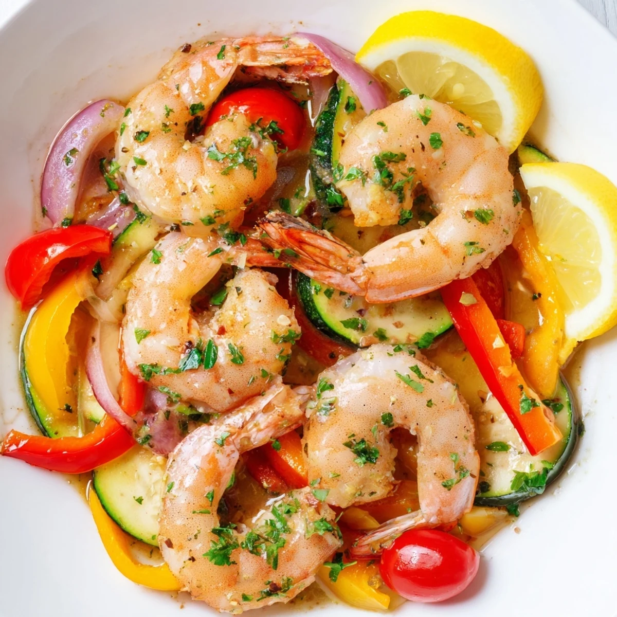 Delicious Sheet Pan Garlic Butter Shrimp dinner garnished with lemon wedges and herbs.