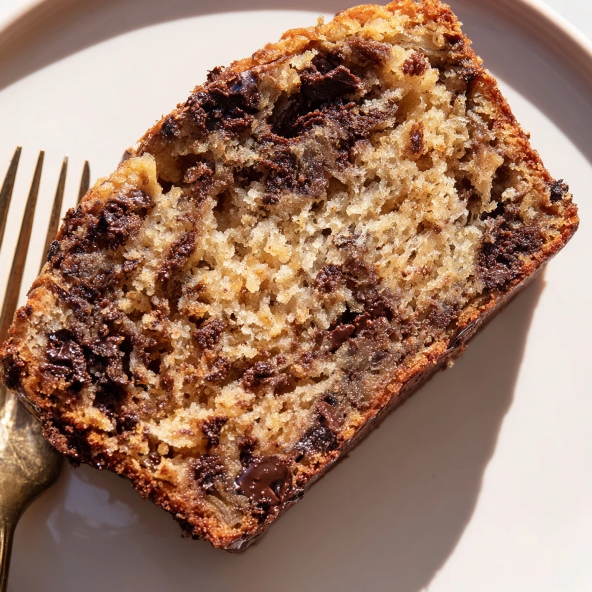 Slices of moist one bowl banana bread with chocolate chips on a plate  