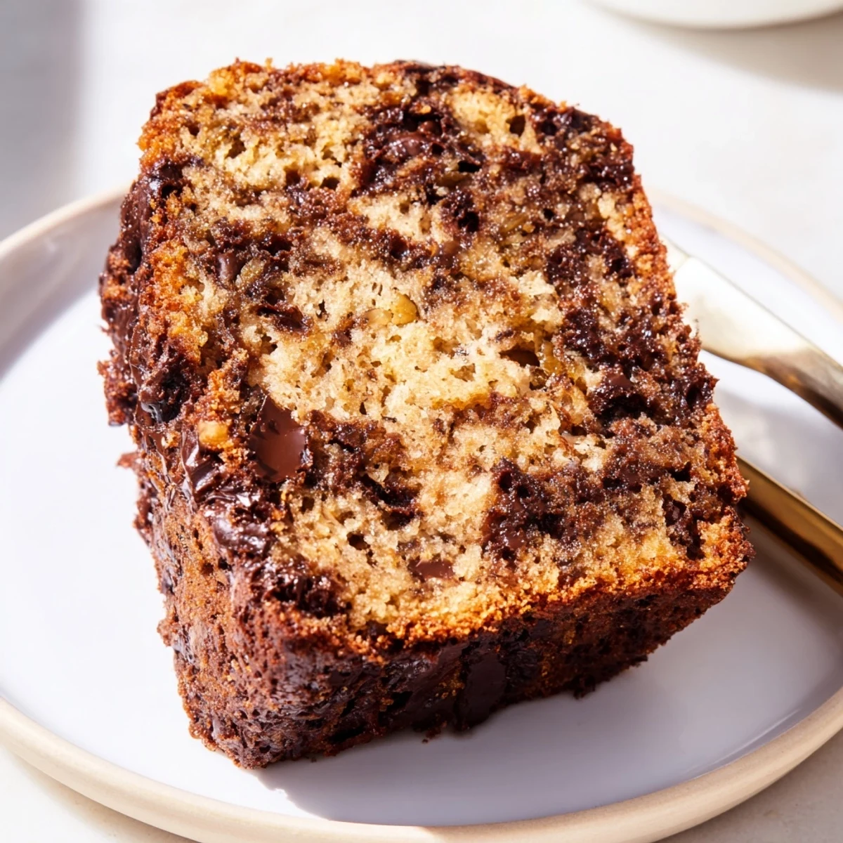 Delicious one bowl banana bread studded with semi-sweet chocolate chips ready to slice
