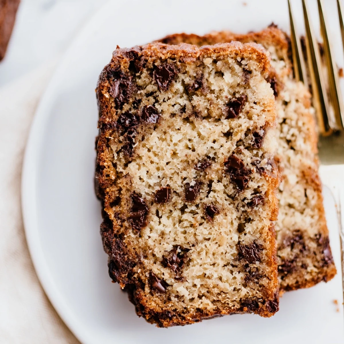 Golden one bowl banana bread with melted chocolate chips fresh from the oven  